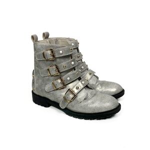 Steve Madden Girl Size 3 Silver Combat Boots Side Zip Metallic Gold Buckle Studs
